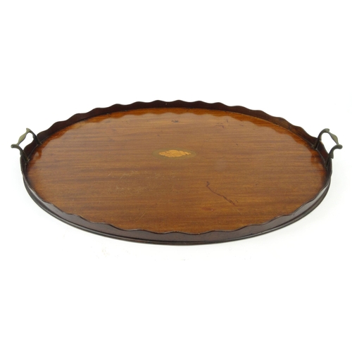 46 - Large Victorian mahogany tray with shell inlay and piecrust edge, 73cm long