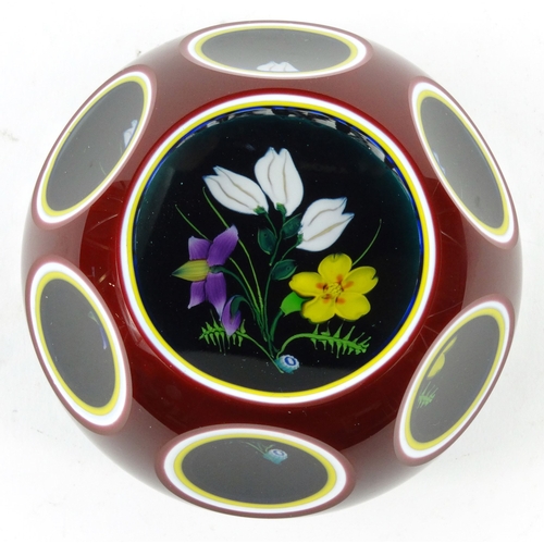 764 - Boxed Caithness Woodland Glade quadruple overlay paperweight with floral decoration, etched marks to... 