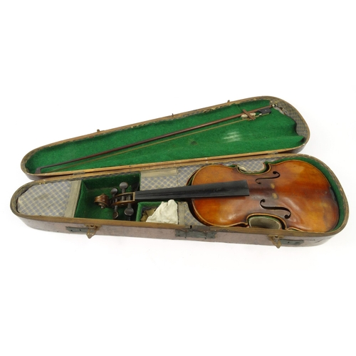 287 - Old wooden cased violin with bow, the back 36cm long