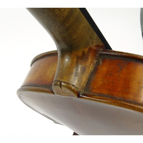 287 - Old wooden cased violin with bow, the back 36cm long