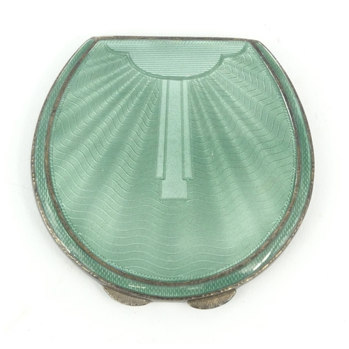 42 - Art Deco silver and green guilloche enamelled compact, hallmarked Birmingham 1934-35, 7.2cm long