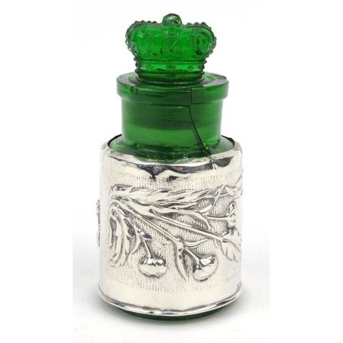 96 - Embossed silver cased green glass scent bottle, W.H.S Birmingham 1904, 10.5cm high