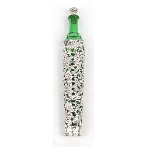 95 - Silver cased green glass bottle with embossed and pierced decoration, S.B Birmingham 1901, 23cm long