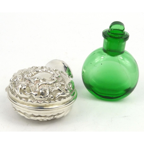 94 - Silver cased green glass scent bottle, indistinctly hallmark for London? 1927-28?, 7cm long