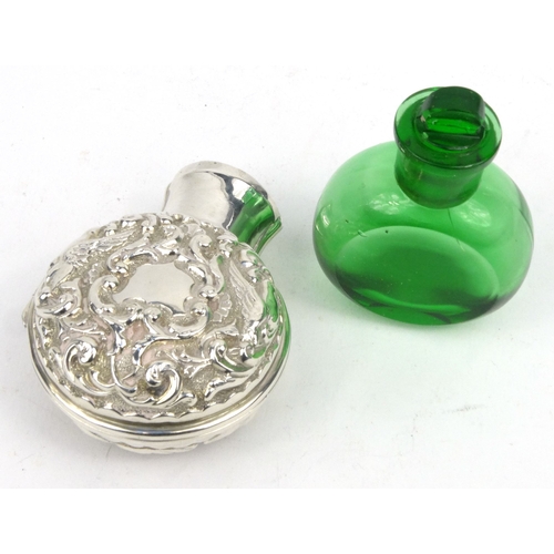 94 - Silver cased green glass scent bottle, indistinctly hallmark for London? 1927-28?, 7cm long