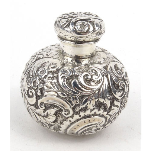 91 - Globular silver scent bottle with embossed decoration, indistinct Birmingham hallmark, 5.5cm high