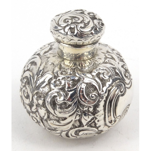 91 - Globular silver scent bottle with embossed decoration, indistinct Birmingham hallmark, 5.5cm high