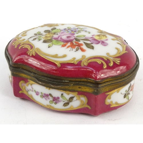 719 - Continental porcelain trinket box hand painted with flowers, crossed swords mark to base, the interi... 