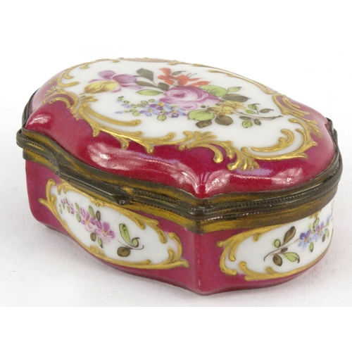 719 - Continental porcelain trinket box hand painted with flowers, crossed swords mark to base, the interi... 