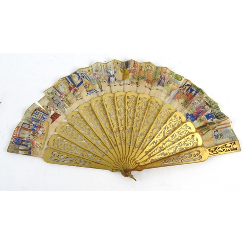 586 - Oriental Chinese silk and wooden fan hand painted with court scenes, 27cm long