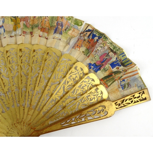 586 - Oriental Chinese silk and wooden fan hand painted with court scenes, 27cm long