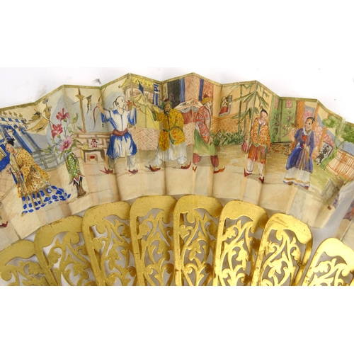 586 - Oriental Chinese silk and wooden fan hand painted with court scenes, 27cm long