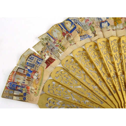 586 - Oriental Chinese silk and wooden fan hand painted with court scenes, 27cm long