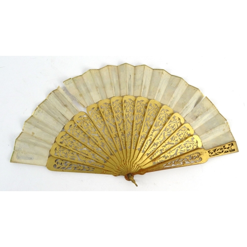 586 - Oriental Chinese silk and wooden fan hand painted with court scenes, 27cm long