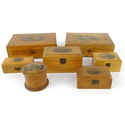 54 - Selection of wooden Mauchlin ware trinket boxes, all with printed Eastbourne tops including Grand Pa... 