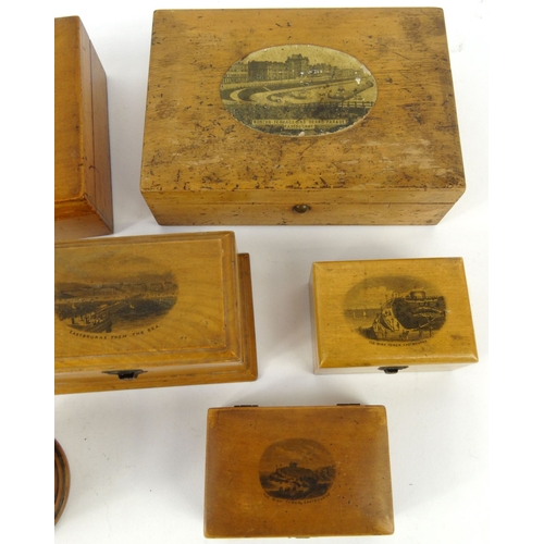 54 - Selection of wooden Mauchlin ware trinket boxes, all with printed Eastbourne tops including Grand Pa... 