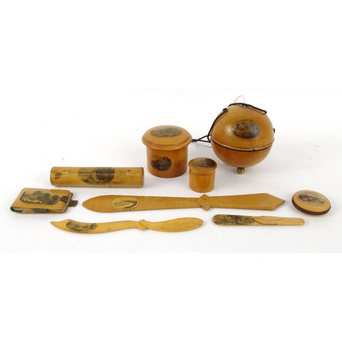 53 - Selection of wooden Mauchlin ware including sewing items, letter openers, string box, etc, the large... 