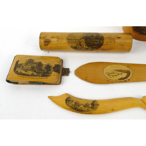 53 - Selection of wooden Mauchlin ware including sewing items, letter openers, string box, etc, the large... 