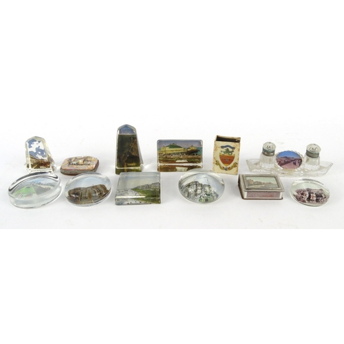 56 - Selection of souvenir glass paperweights from Eastbourne, purse, matchbox holders and a glass ink st... 
