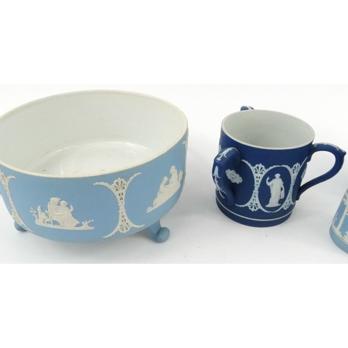 715 - Selection of Victorian and later Wedgwood blue Jasperware ceramics including three handled tyg, jugs... 