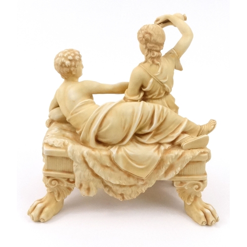 722 - Victorian Continental bisque porcelain classical figure group of lovers on lion paw feet, impressed ... 