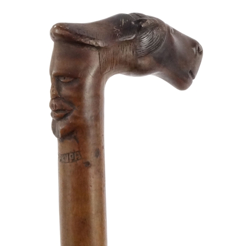 137 - Wooden Russian walking stick with carved horse's head and face, Kepkwpa, 90cm long