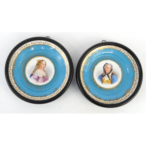 718 - Pair of Sevres porcelain plates hand painted with portraits of maidens, Chateau de Tuileries and Sev... 