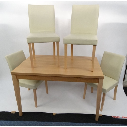 59 - Modern limed oak effect dining table and four cream leather chairs