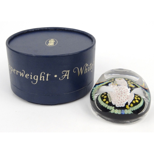 765 - Boxed Whitefriars millefiore design glass paperweight with owl design, 5.5cm high