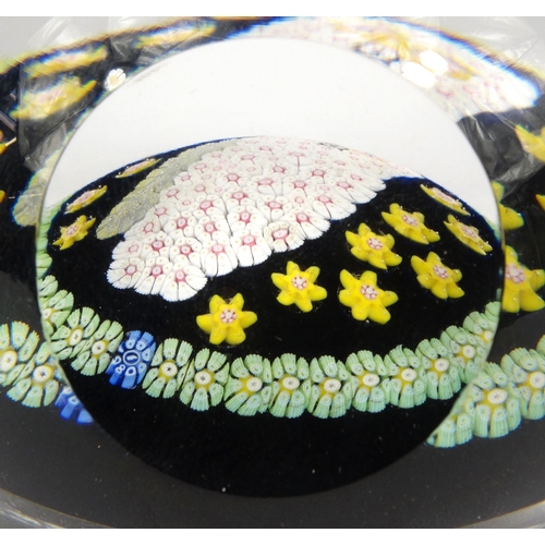 765 - Boxed Whitefriars millefiore design glass paperweight with owl design, 5.5cm high