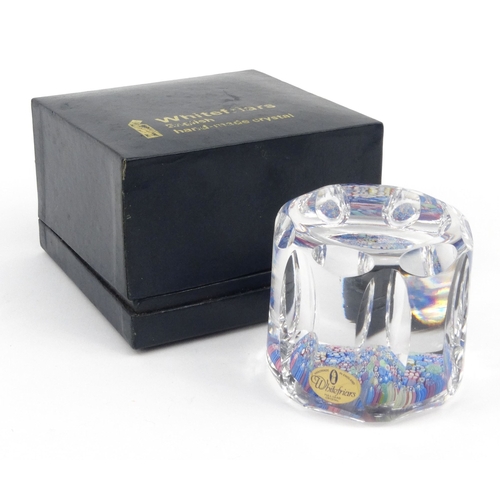 768 - Boxed Whitefriars millefiore design glass paperweight with original label, 6.5cm high