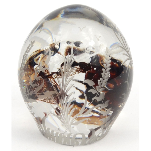 763 - Glass paperweight engraved with fern leaf decoration, engraved 'WH86' to the base, 9.5cm high