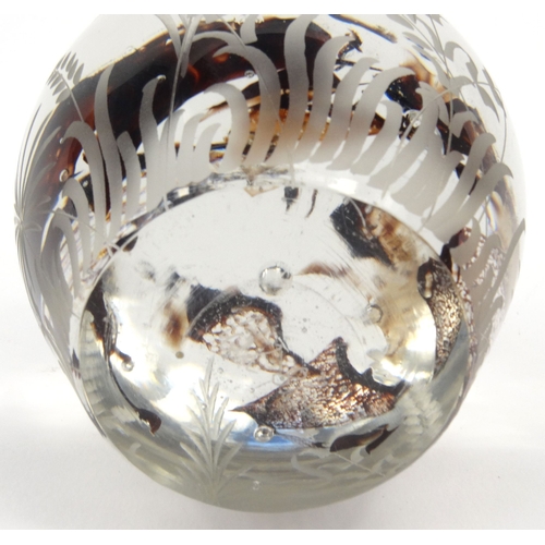 763 - Glass paperweight engraved with fern leaf decoration, engraved 'WH86' to the base, 9.5cm high