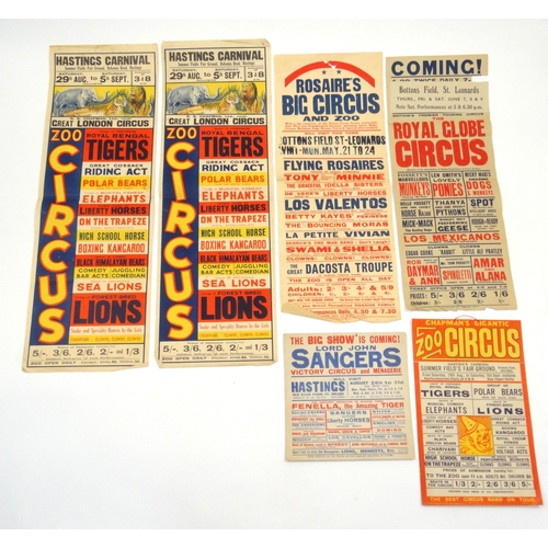 517 - Six 1940s circus advertising posters and hangings including Chapman's Gigantic Zoo Circus, Rosaire's... 
