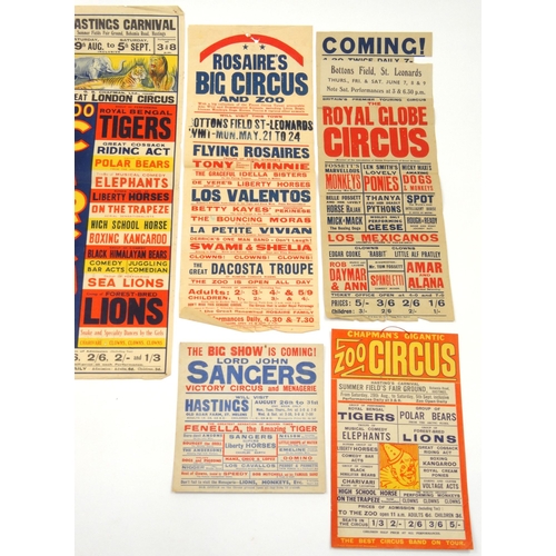 517 - Six 1940s circus advertising posters and hangings including Chapman's Gigantic Zoo Circus, Rosaire's... 
