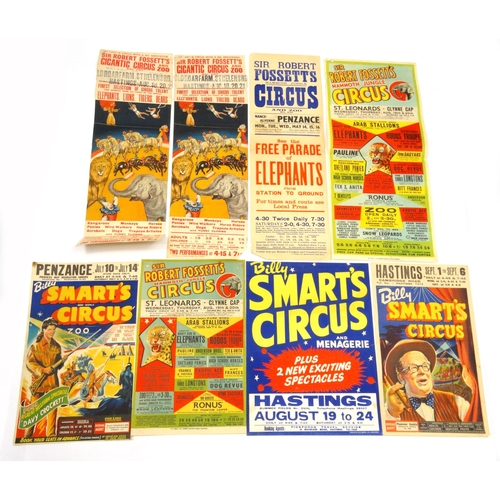 516 - Eight 1950s and 1960s circus advertising posters including Billy Smart's Circus, Sir robert Fossett'... 