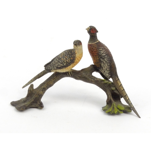 8 - Cold painted bronze of two pheasants on a branch, 9cm high