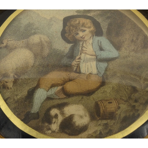 71 - Two antique coloured prints, both with labels to the reverse, both gilt framed, each 10cm diameter e... 