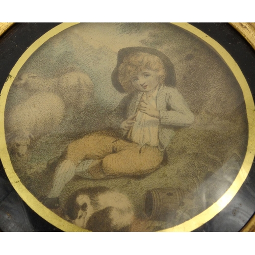 71 - Two antique coloured prints, both with labels to the reverse, both gilt framed, each 10cm diameter e... 