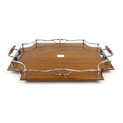 45 - Edwardian oak tray with silver plated gallery , 57cm wide including the handles