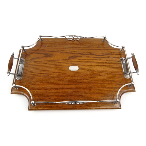 45 - Edwardian oak tray with silver plated gallery , 57cm wide including the handles