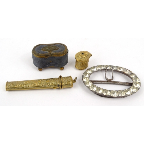 85 - Victorian sewing interest items comprising- gilt brass needlecase, similar hinged pot and cover, tri... 