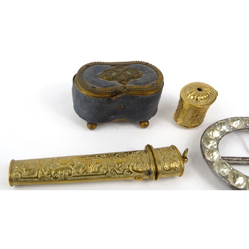 85 - Victorian sewing interest items comprising- gilt brass needlecase, similar hinged pot and cover, tri... 