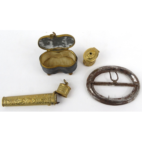 85 - Victorian sewing interest items comprising- gilt brass needlecase, similar hinged pot and cover, tri... 