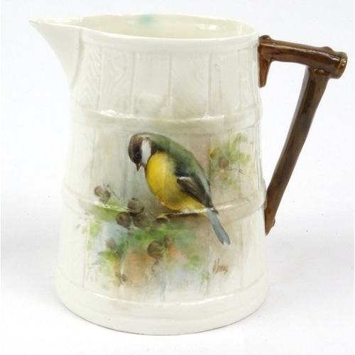 682 - Royal Worcester porcelain jug hand painted with a great tit by D. Jones, green Worcester mark to bas... 