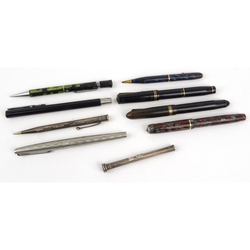 105 - Selection of fountain pens and propelling pencils including, S Mordan & co silver propelling pencil,... 