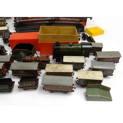 548 - Large selection of Hornby, BW German and Bavarian tinplate railway trains, track, locomotives, etc, ... 