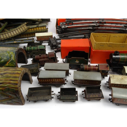 548 - Large selection of Hornby, BW German and Bavarian tinplate railway trains, track, locomotives, etc, ... 