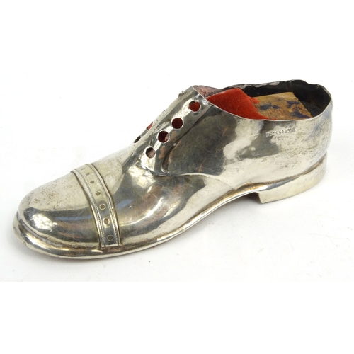 81 - Large novelty silver shoe pincushion, S.B&S Ltd, Birmingham 1911-12, 12.5cm long