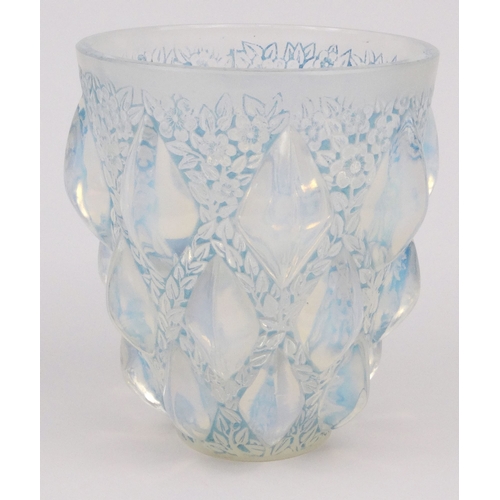 770 - Lalique Rampillion opalescent blue stained glass vase, etched Lalique mark to base, 12.5cm high